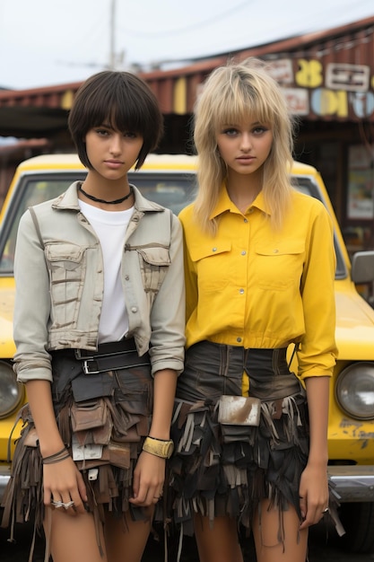 two women standing in front of a yellow car