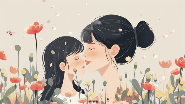 写真 花の畑に立っている2人の女性