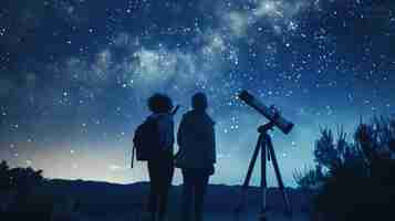 Photo two women stargazing at night they are looking at the stars through a telescope the sky is full of stars