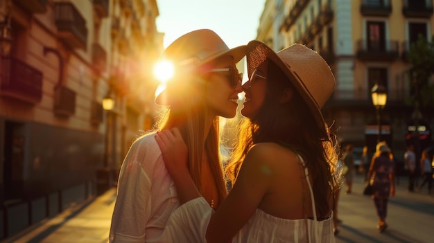 Two women in sunhats embracing on a city street at sunset