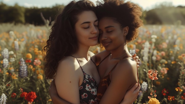 Two women in swimsuits embrace against the backdrop of the sea AI generative