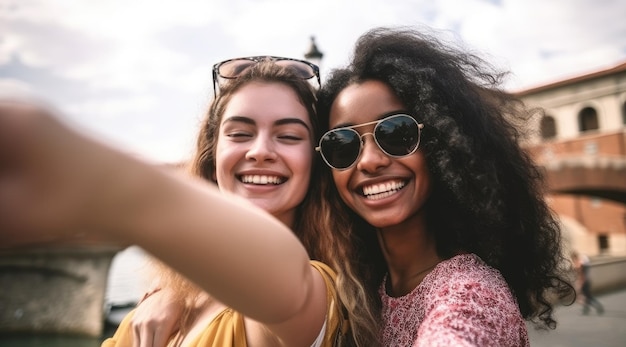 写真 笑顔でセルフポートレートを撮る2人の女性