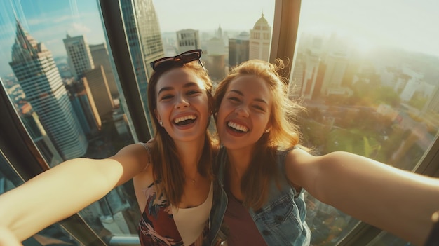 Две женщины делают селфи в прозрачном лифте с видом на город