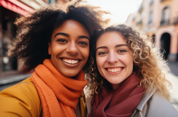 Photo two women taking a selfie in the street