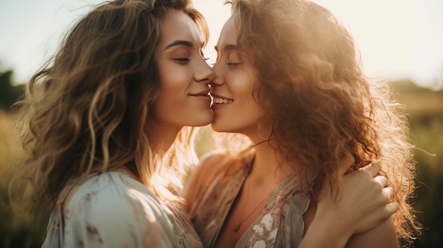 two women in a tender embrace about to kiss set against the backdrop of a lush green field
