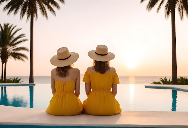 Two women in their 20s with mediumlength hair sitting by a poolside at sunset