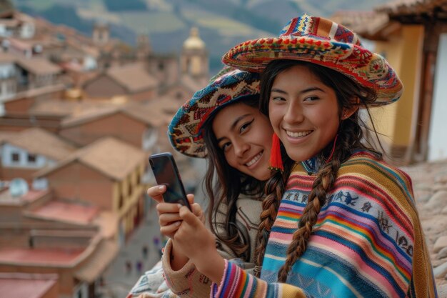 Foto due donne in abiti andini tradizionali che condividono un momento con lo smartphone