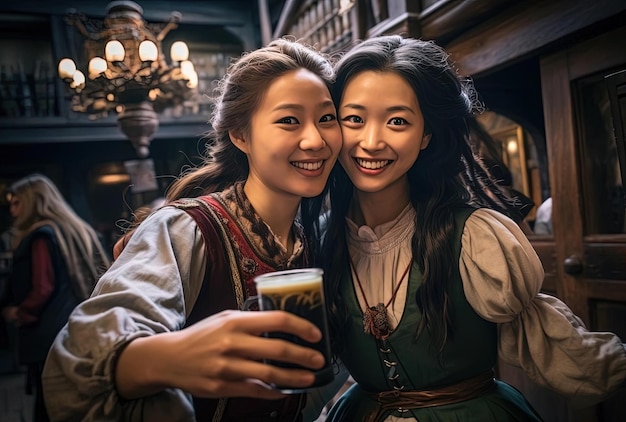 伝統的な衣装を着た 2 人の女性が、活気のある居酒屋のシーンのスタイルで一緒に自撮り写真を共有しています