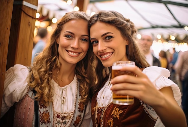 two women in traditional dress taking selfie with beer in the style of pop inspo