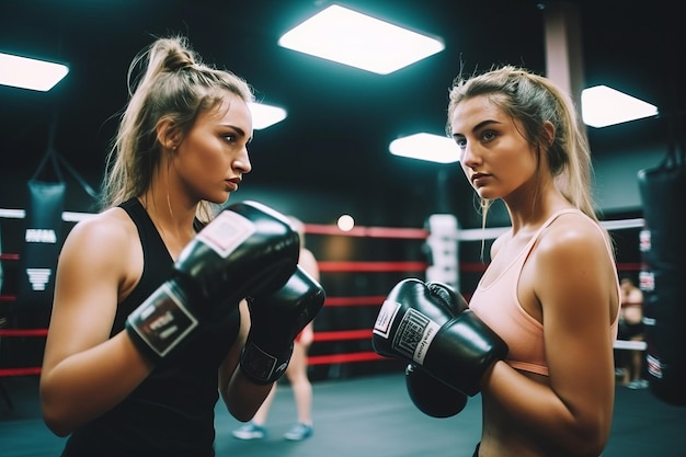 Foto due donne che si allenano in un ring di boxe