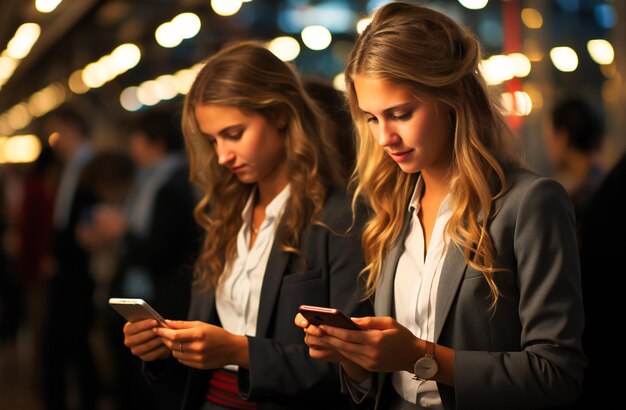 two women using phones with some financial instruments