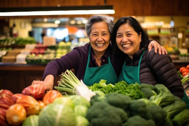 Two women vendors in a vibrant fruit and vegetable stall sharing warm smiles with customers creating a welcoming atmosphere