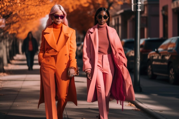 Two women walking in the city street with colorful outfit generative AI AIG21