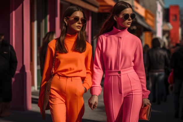 Two women walking in the city street with colorful outfit generative AI AIG21