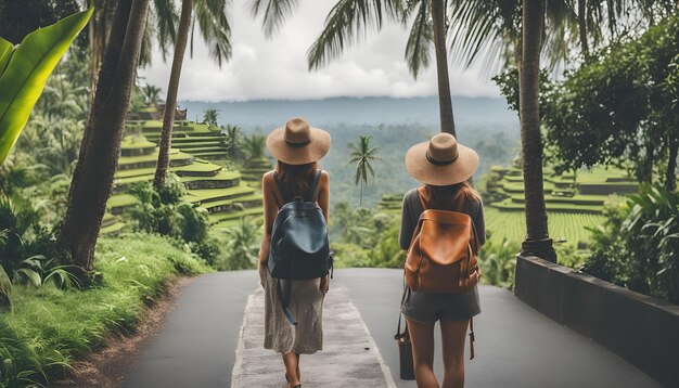 Photo two women walking down a path with a palm tree on the left