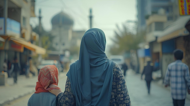 Two women walking down a street in a city with a tall building in the background and a man walking