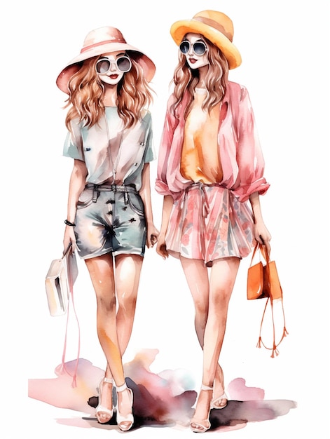 Two women walking down a street wearing hats and sunglasses generative ai