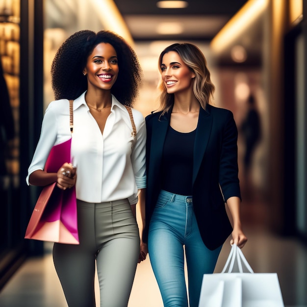 Two women walking in a mall, one of them is carrying a shopping bag.