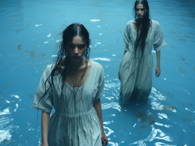 Two women walking through blue gymnasium in the style of laura makabresku ai generated