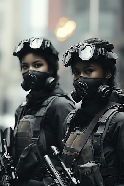 two women wearing black masks and goggles