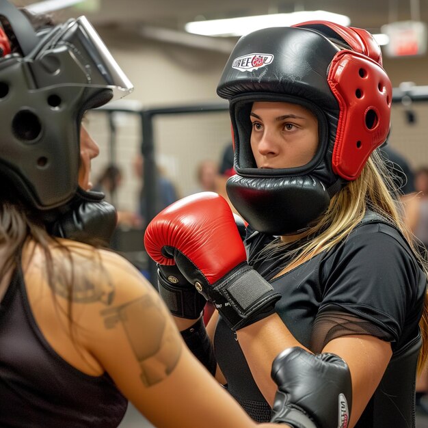 two women wearing boxing gloves one with the number 5 on it