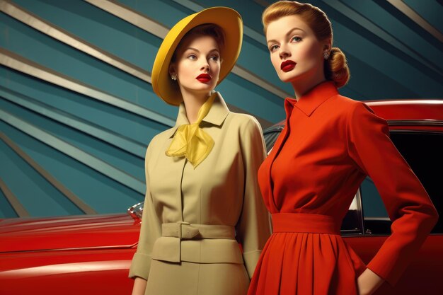 Two women wearing casual clothing stand next to each other in front of a sleek silver car parked on a street Classic retro fashion postwar era AI Generated