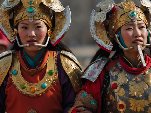 Photo two women wearing colorful costumes and one has a cigarette in her mouth