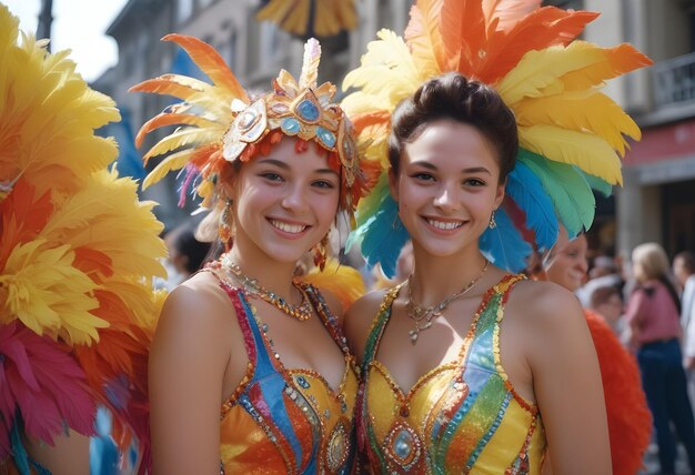 写真 虹の文字が描かれたカラフルな衣装を着た2人の女性