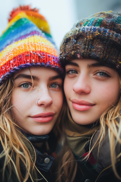 Two women wearing colorful hats and scarves are posing for a picture