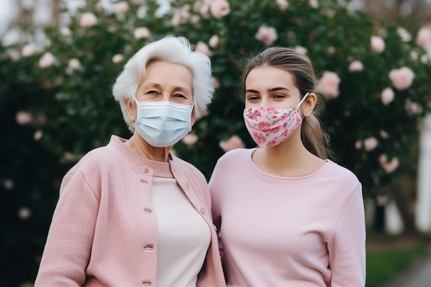 two women wearing face masks standing next to each other