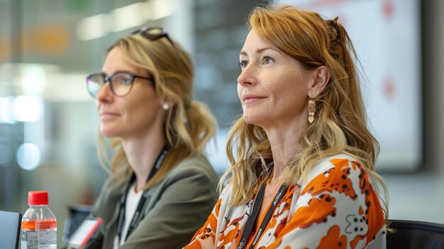 two women wearing glasses one with a lanyard around her neck