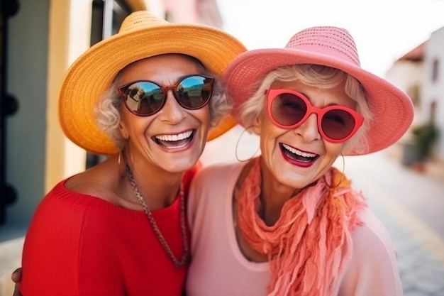 2人の女性が帽子をかぶっている1人はピンクのサングラスをかぶっているしもう1人はピーンクのサングラスをかぶっています
