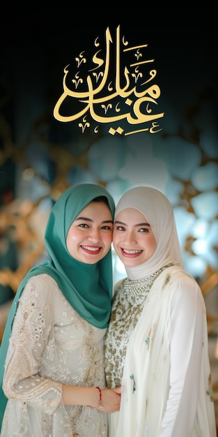 Photo two women wearing headscarves posing and smiling for the camera