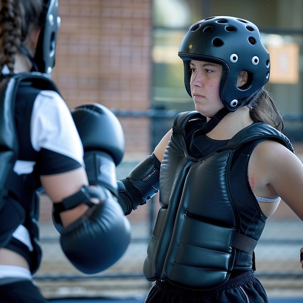 Photo two women wearing helmets that say  softball