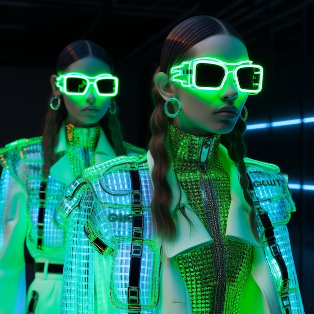 Photo two women wearing neon green glasses with the word alien on them.