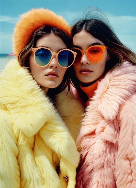 two women wearing orange sunglasses and one wearing a yellow fur coat