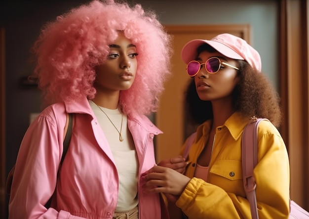 Two women wearing pink hats and a yellow jacket stand in a room with a yellow jacket