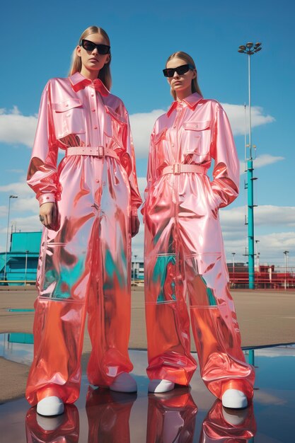 Photo two women wearing pink and orange shiny jumpsuits