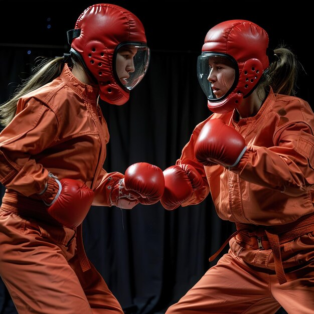 Photo two women wearing red boxing gloves with the word  on them