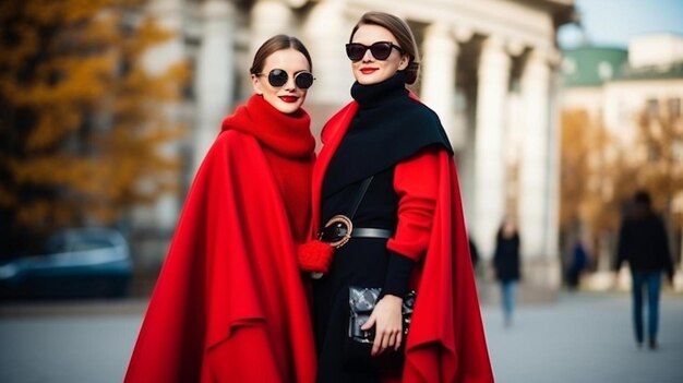 Photo two women wearing red coats and one has a black belt that says  the word  on it