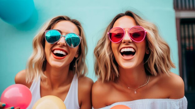 Photo two women wearing sunglasses and holding balloons