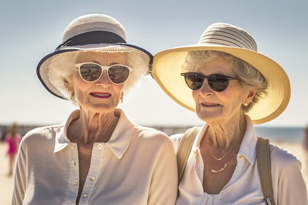 Two women wearing sunglasses and a white hat on a beach