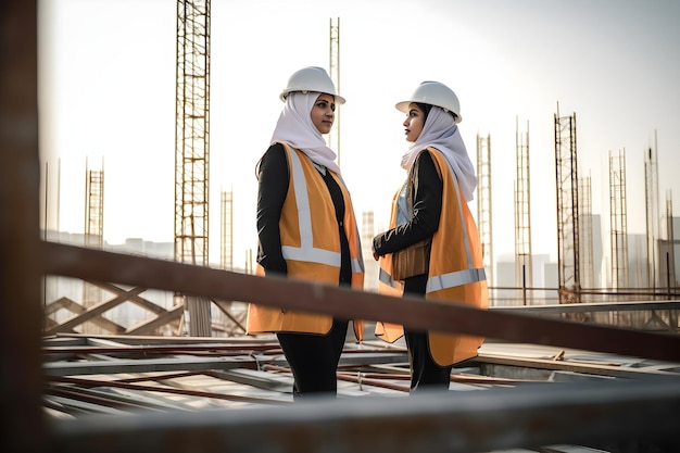 Two women wearing white helmets stand on a construction site