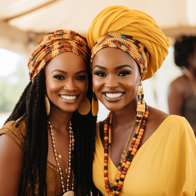 two women wearing yellow dresses with the name " turban " on them.