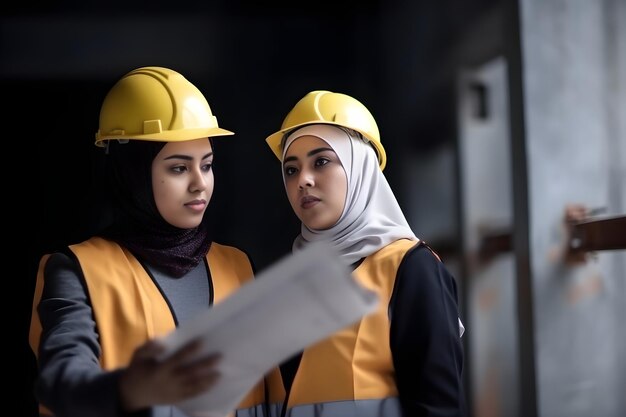 Two women wearing yellow hard hats and one wearing a yellow hard hat