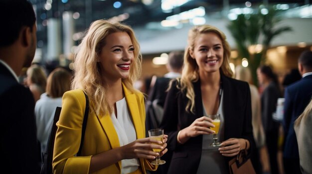 Photo two women wearing yellow jackets one of which has a glass of beer in it