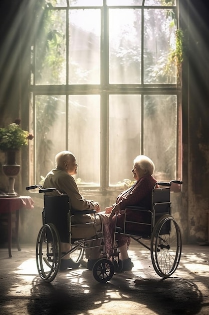 Two women in wheelchairs sit in front of a window with the sun shining through the window.