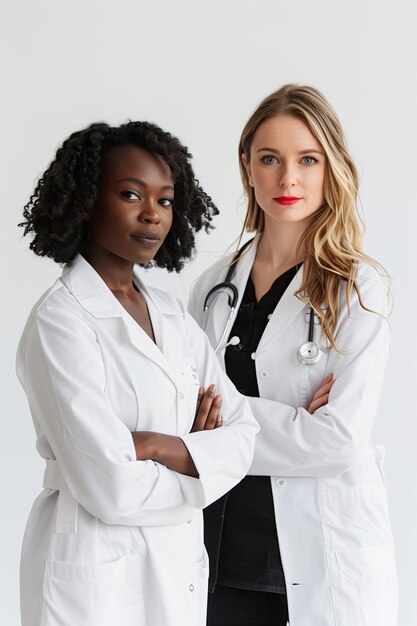 two women in white coats are posing for a photo