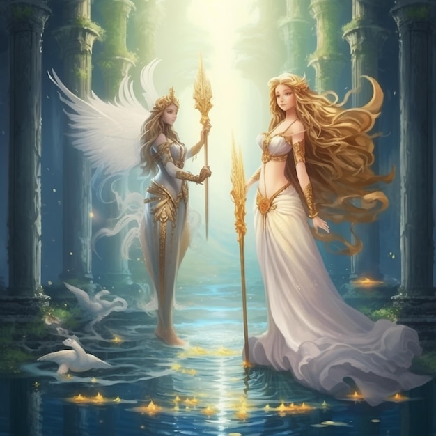 two women in white dresses standing in a lake with a sword generative ai