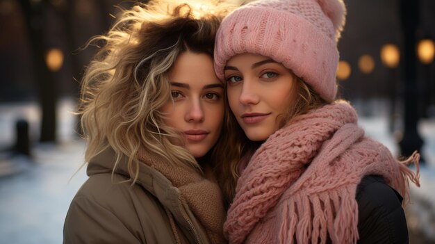 Two women in winter attire and hats standing in the snow enjoying the cold weather